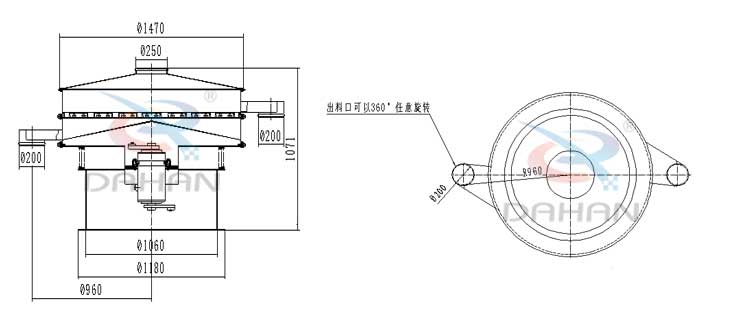 大型旋振篩外形尺寸：進(jìn)料口：250防塵蓋：1470出料口：200底座寬：1060