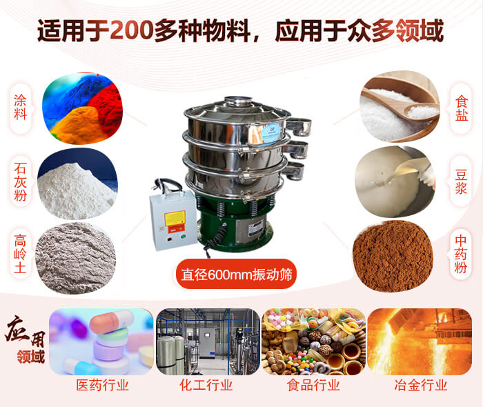 直徑600mm振動篩使用的行業:醫藥行業，公害處理，食品行業，化工行業。